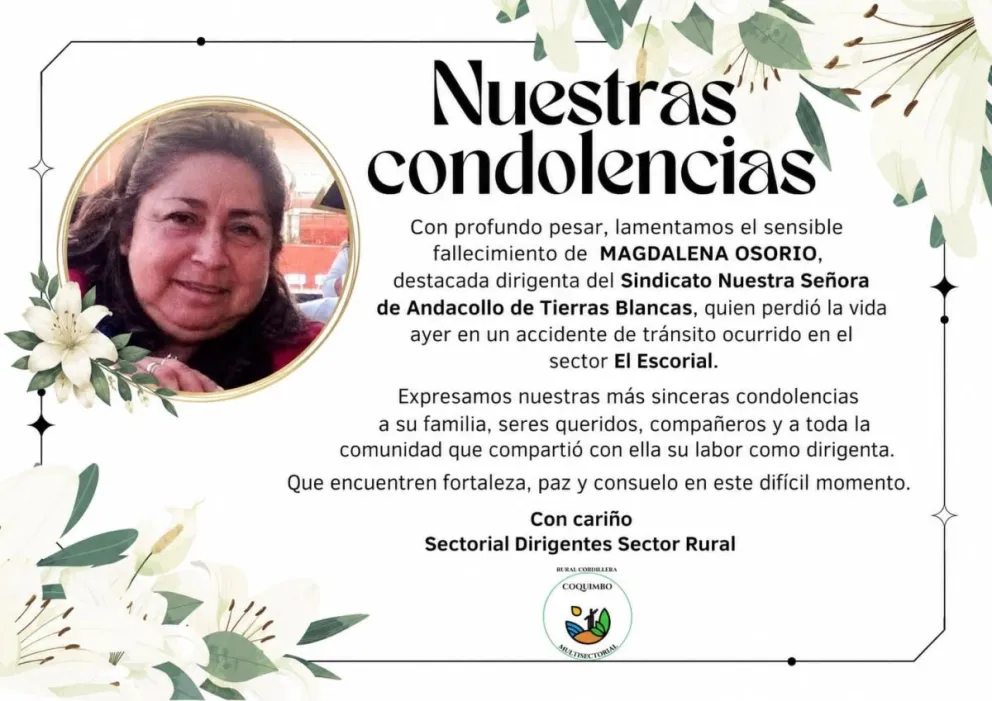 Fallece Magdalena Osorio tras colisión de tres vehículos en la Ruta D-409